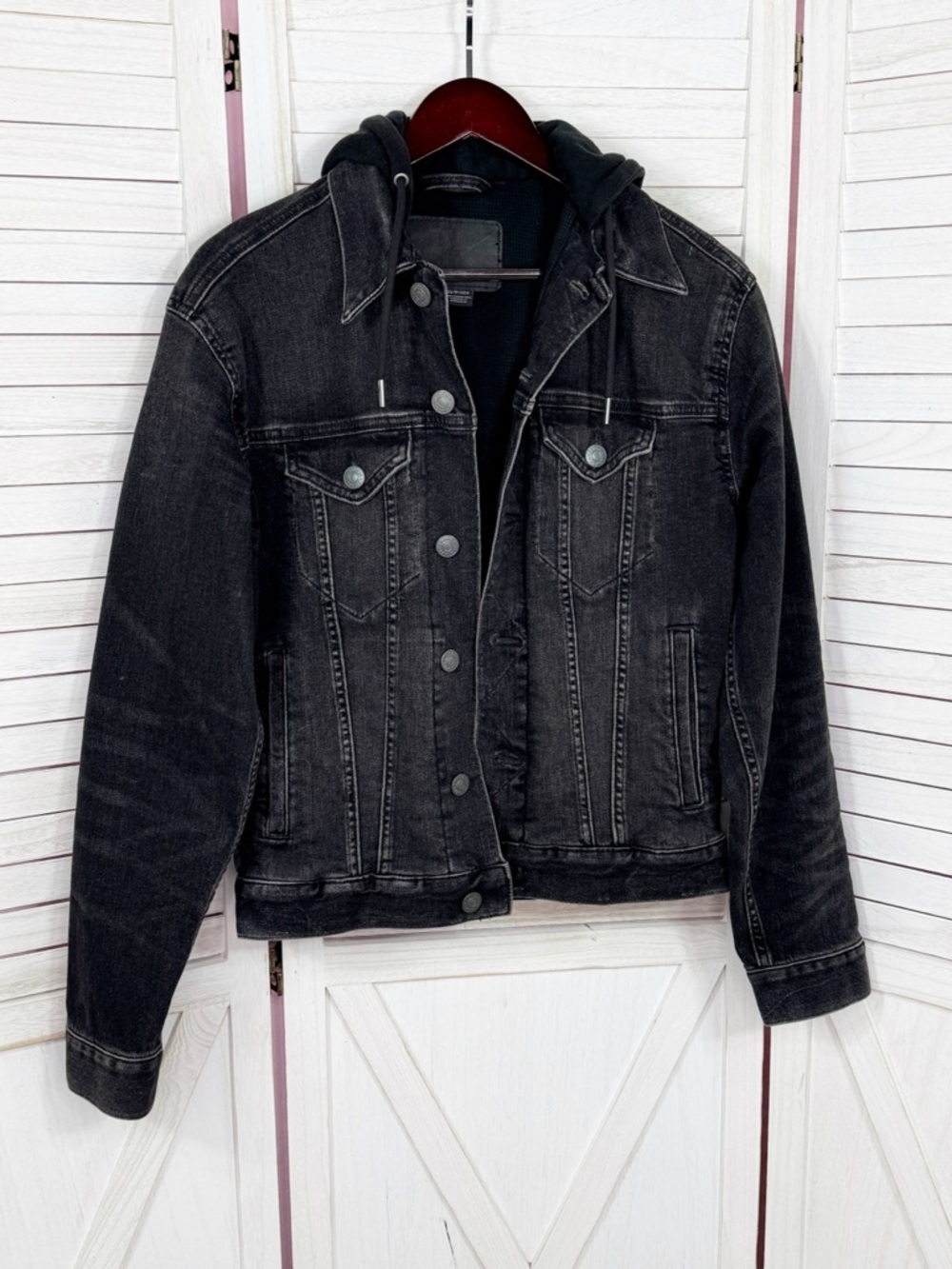 American Eagle Jacket Mens XS Black‎ Hooded Lined Denim Trucker Jean Button New